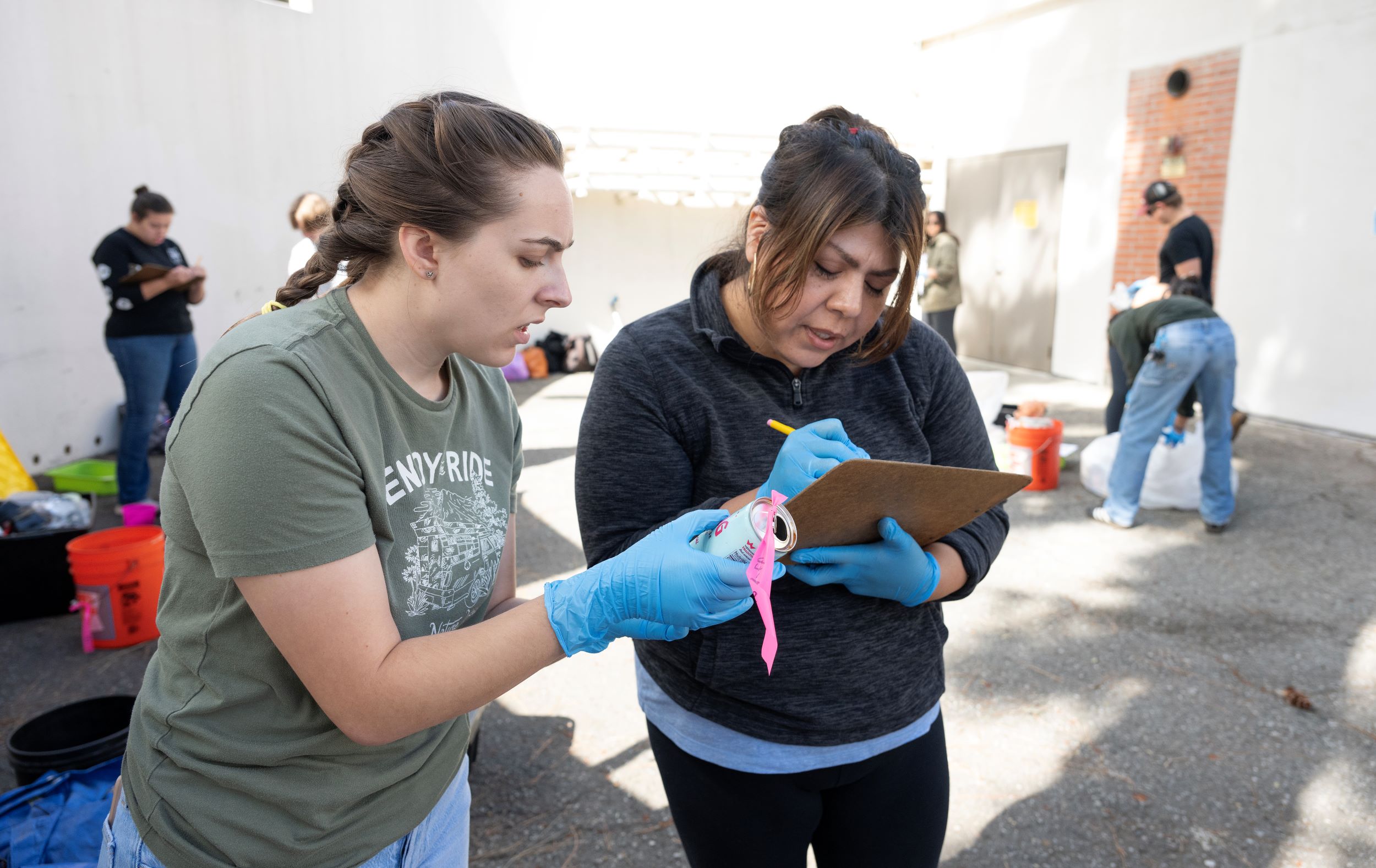 Two female Anthropology students take inventory.