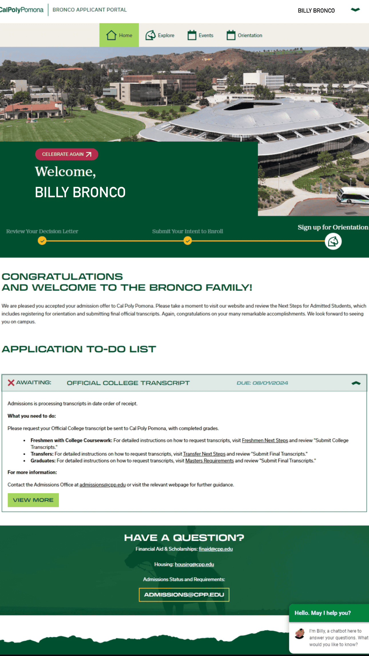 Bronco Applicant Portal home page