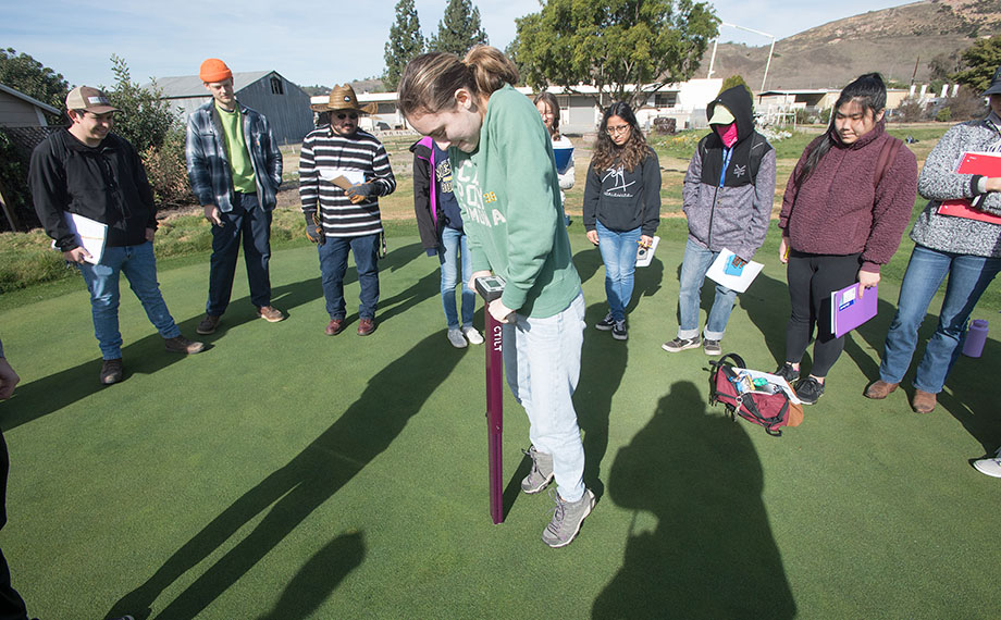 A female student stands on her toes to push a moisture probe into turf as others look on.