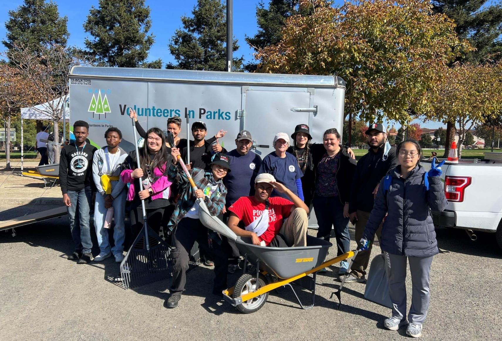 Cal State East Bay students participate in a park cleanup with the Hayward Area Recreation and Park District (​H.A.R.D.) through the university’s Pioneers for Change program.