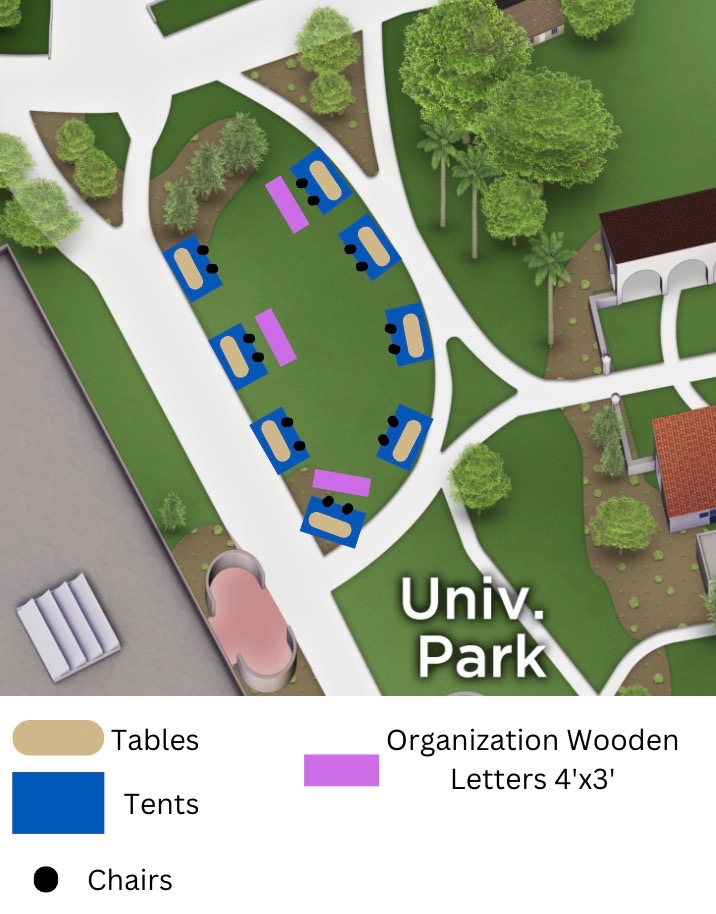 A picture of University Park from the CPP Campsu Map. There are 8 rectangles spaced in the center of the park which denotes tents. There are 8 ovals within each rectangle to note tables. Each tent also has two black dots that signify chairs. Lastly, there are three purple rectangles that signify wooden 4'x3' letters.