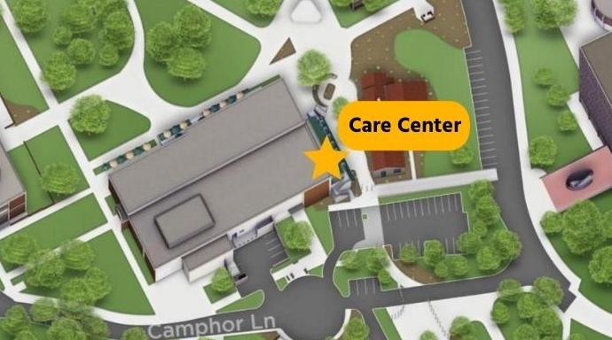 Image of the care Center on a map with a star on Building 97.