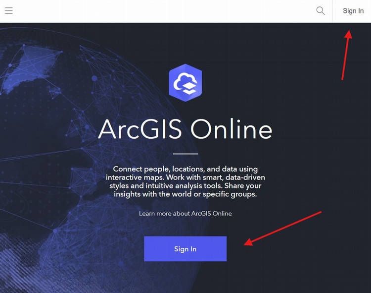 Esri's ArcGIS Online login page with red arrows pointing to "Sign In" buttons at bottom and top right.