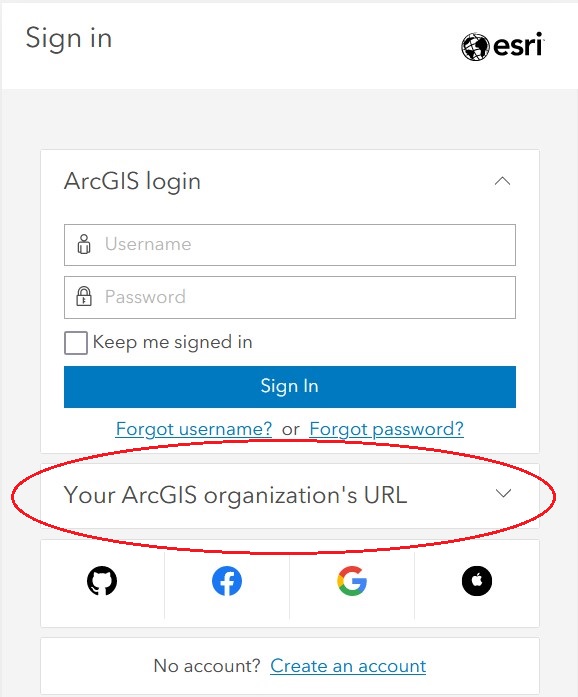 Esri sign in page with "Your ArcGIS organization's URL" option circled in red