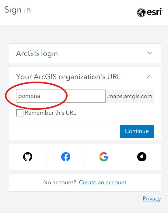 Esri sign in page with "pomona" typed into the empty field and circled in red