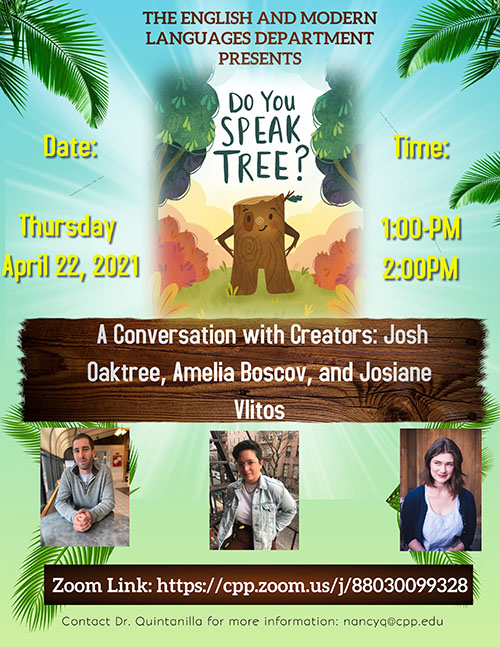 Event flyer: text includes information provided above; images include illustrations of trees and photos of the panelists: three light skinned, dark haired people