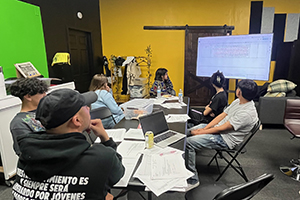 A group of students discussing a project