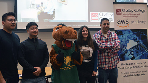 presenters from Chaffey College pose with Billy Bronco