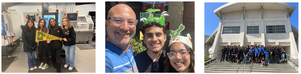 A collage of photos with high school students with their teacher on various college tours.