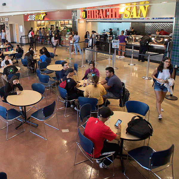 Student eat in the Bronco Student Center food court.