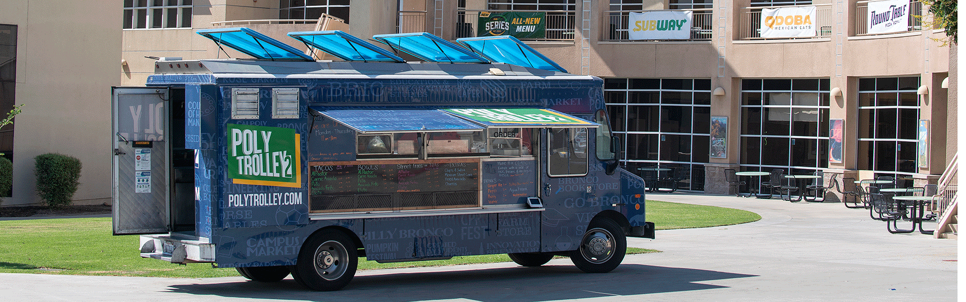 The Polly Trolley 2 parked in front of the Bronco Student Center