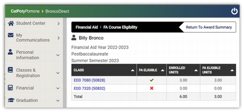 Financial Aid Course Eligibility in BroncoDirect