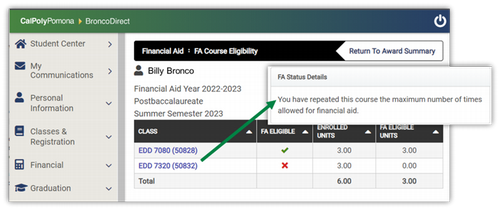 Financial Aid Course Eligibility Details in BroncoDirect