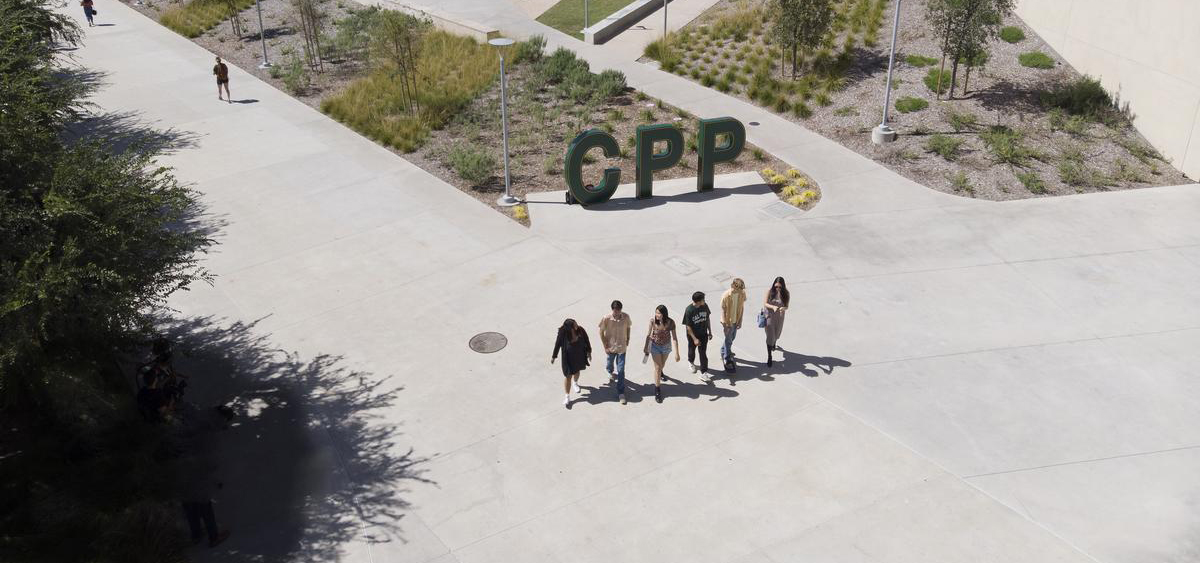 CPP students walking together by the CPP letters