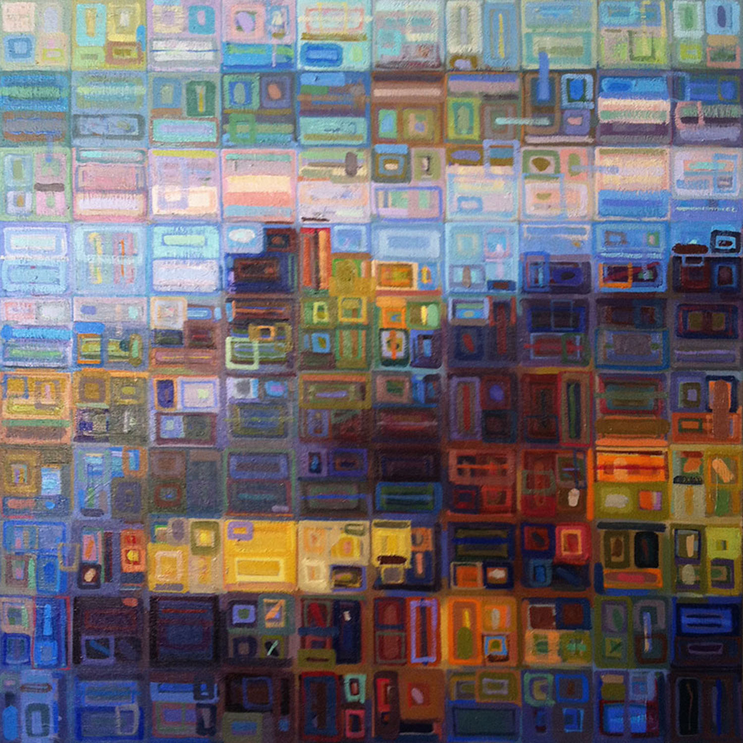 A vibrant abstract artwork composed of a grid of multicolored rectangular shapes. The overlapping layers of cool blues and greens blend into warmer hues like oranges and yellows.