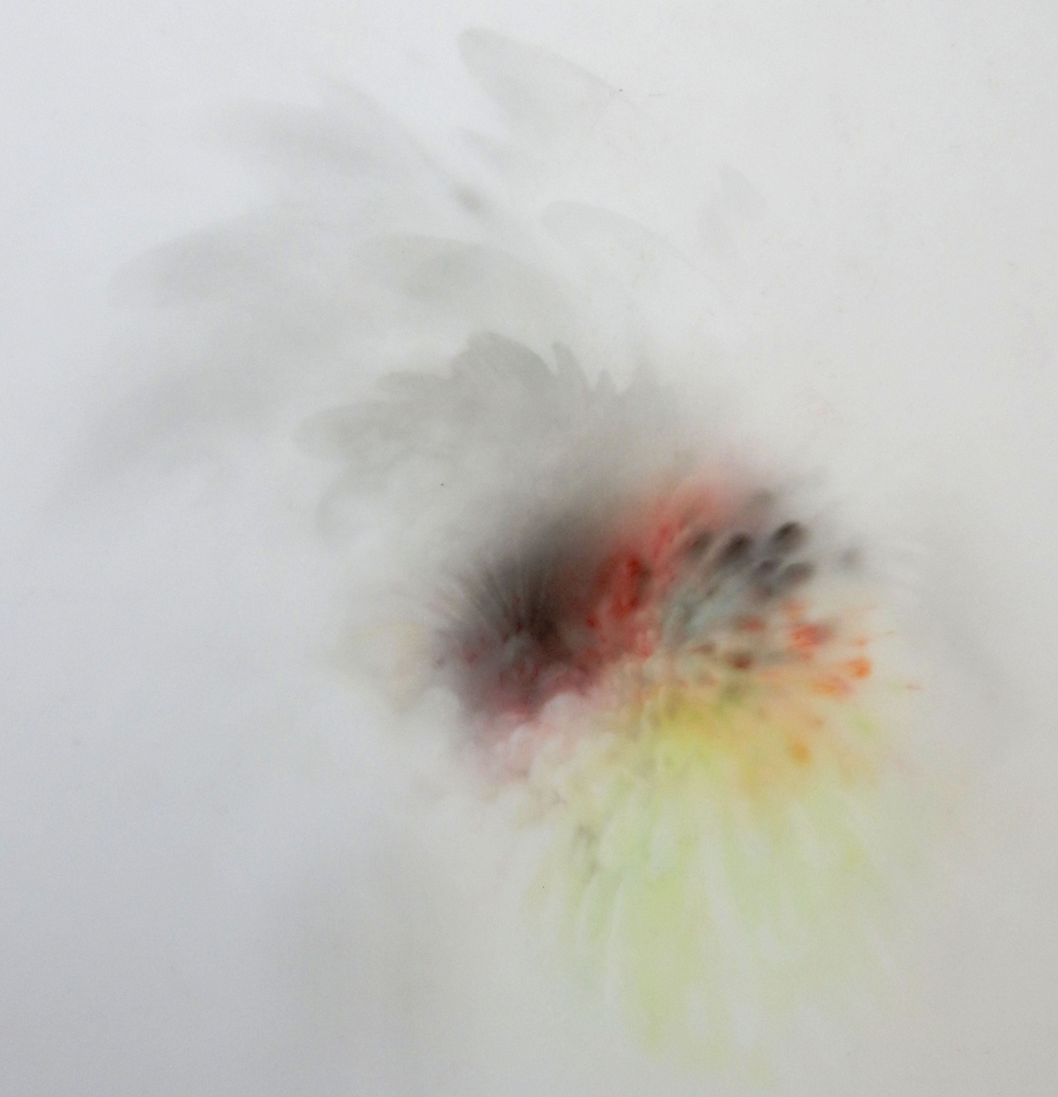 A soft-focus abstract image with muted colors. The center of the piece features a dark, circular burst of deep reds, yellows, and blacks.