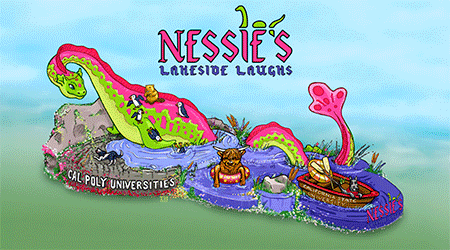 Rendering of the 2025 Cal Poly Universities Rose Float "Nessie's Lakeside Laughs"