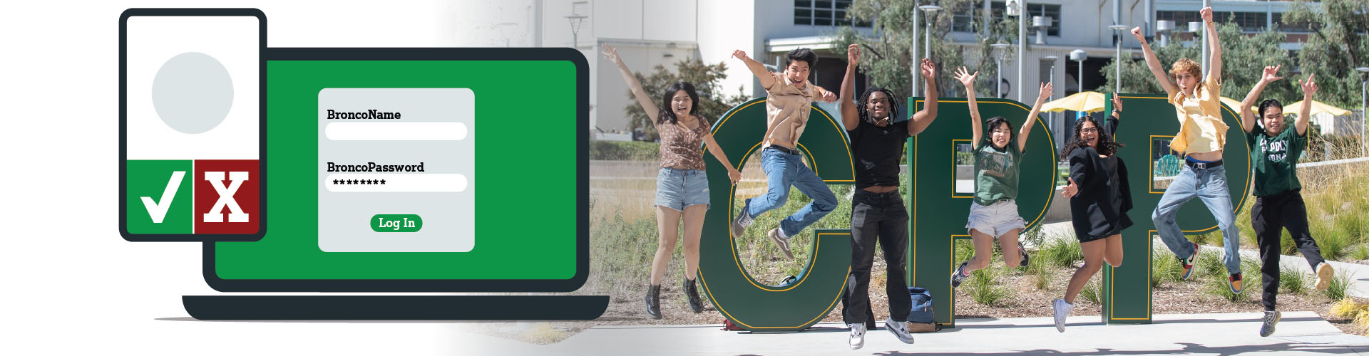 illustration of smart device and laptop using two-factor authentication and Cal Poly Pomona students jumping in the air