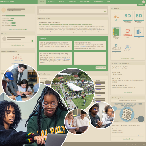 portraits of students over the MyCPP dashboard