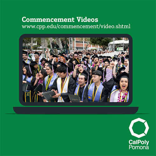 Text reads Commencement Videos: Photo illustration of graduating students from the College of Environmental Design at Cal Poly Pomona