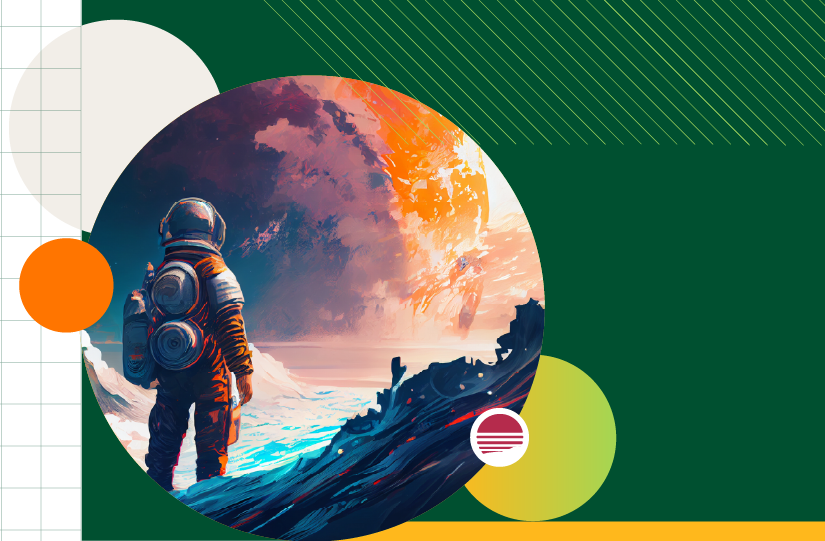 GenAI image of astronaut looking at an alien landscape