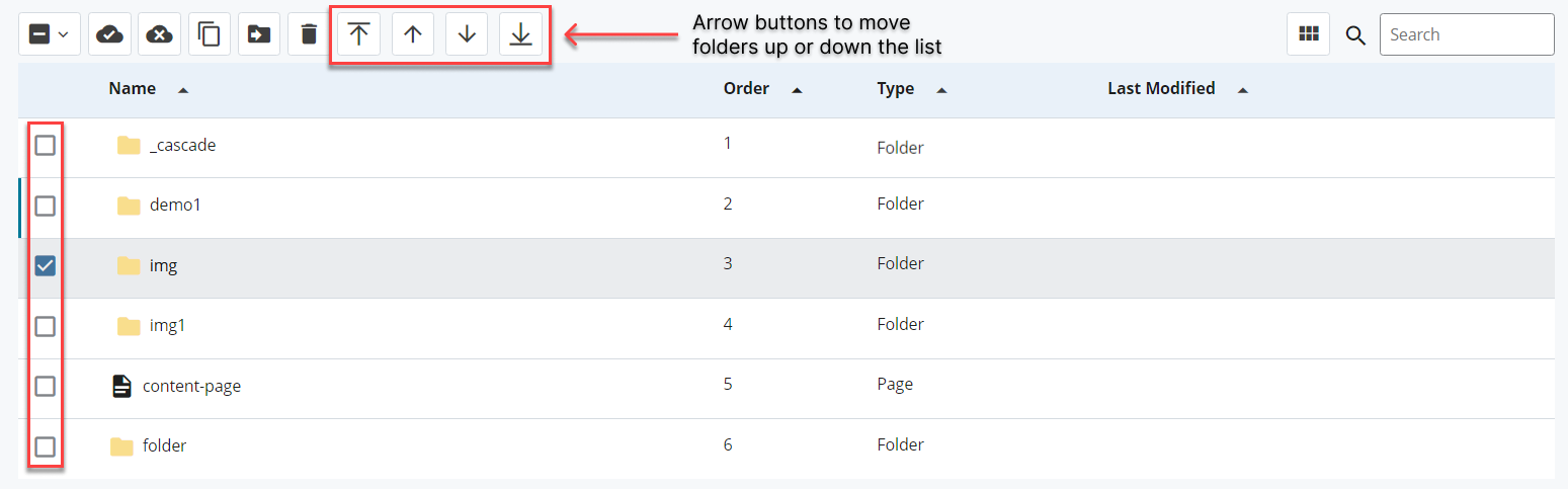 Check off which folder to move and select the arrows to move up or down the list.