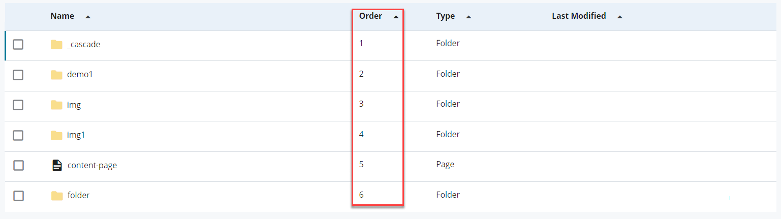 Folders and pages ordered from 1 to 6