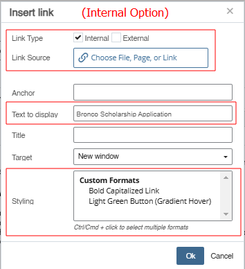 Internal link option form