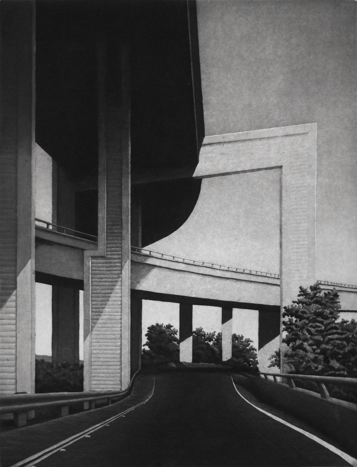 A black-and-white artwork of a complex, elevated highway structure with large, imposing concrete columns and ramps intersecting at various heights. The perspective is from below, looking up as the road curves upward into the highway system. The massive structures cast sharp shadows, and the ramps create a sense of depth and geometry in the composition. In the background, a few trees can be seen between the columns, adding a natural contrast to the urban landscape.