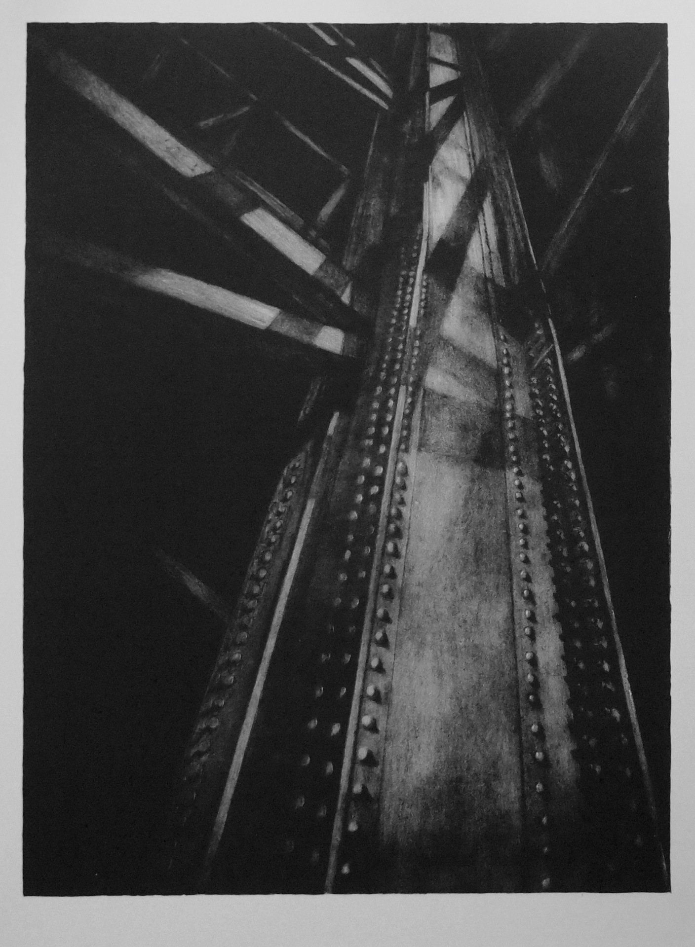 A dark, high-contrast black-and-white artwork focusing on an industrial structure. The perspective is from a low angle, looking upward at a tall steel beam adorned with multiple rows of rivets. Surrounding the central beam are intersecting steel girders, casting sharp shadows and creating dynamic patterns of light and dark across the metal surfaces.