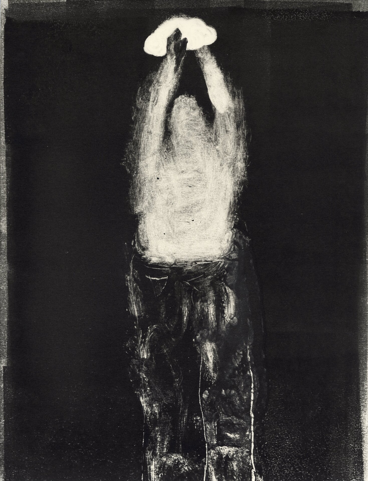 An expressive, black-and-white artwork featuring a solitary figure standing in an abstract and undefined space. The figure is rendered in rough, textured brushstrokes, giving it a ghostly or ethereal quality. The person is depicted holding a bright, glowing object above their head, which contrasts starkly against the dark background.