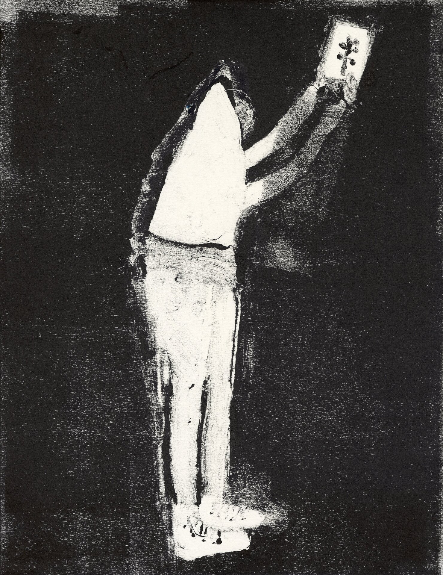 An abstract black-and-white artwork depicting a solitary figure standing against a dark background. The figure is rendered in rough, gestural brushstrokes, with the body mostly painted in white, creating a stark contrast with the surrounding black space. The figure appears to be holding a framed object or sign high above their head.