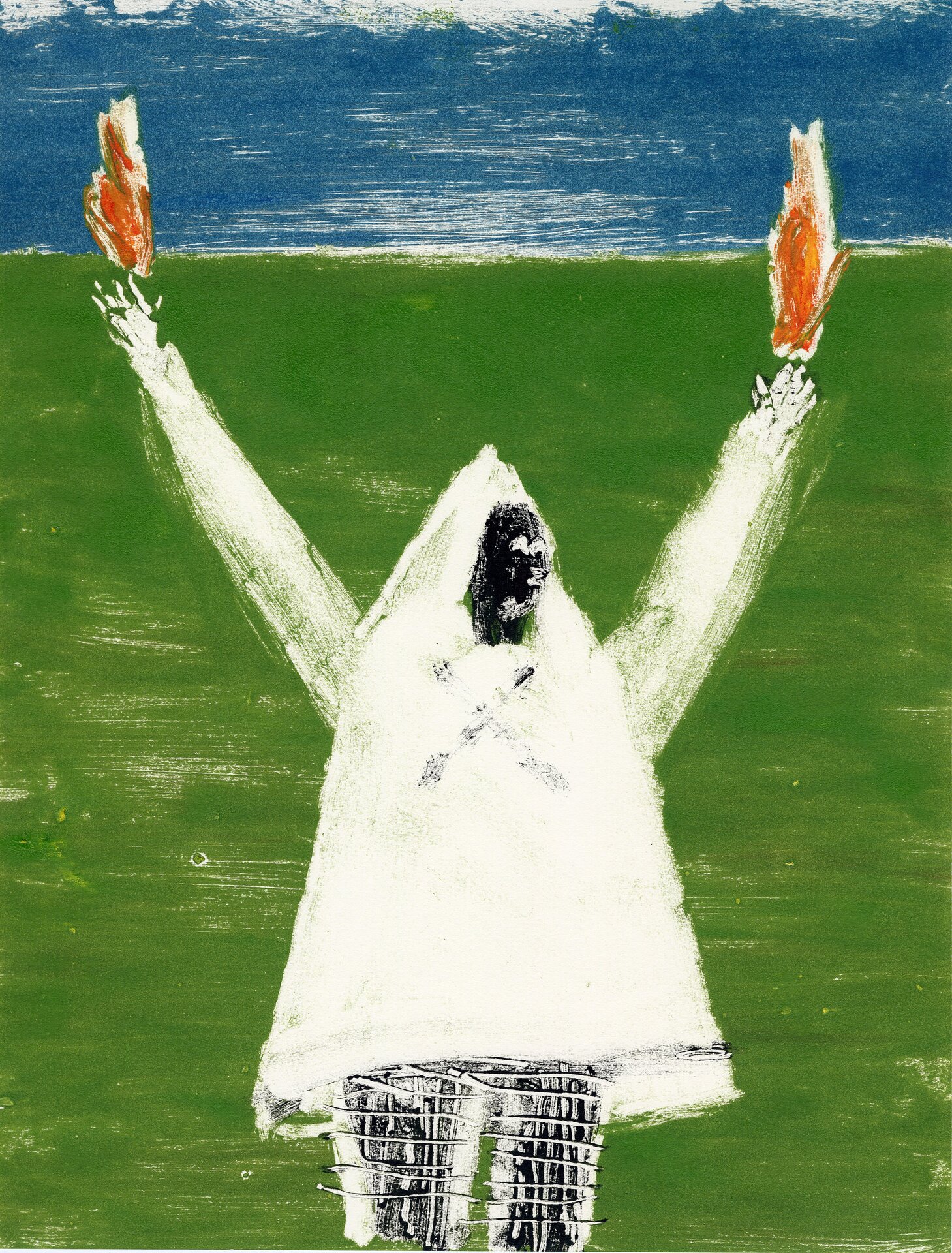 A surreal and abstract figure set against a green landscape with a blue sky. The figure, dressed in a white, robe-like garment, stands with arms raised toward the sky, holding flames in each hand. The figure's face is darkened with black, making the facial details indistinct, while the arms and garment are sketched with rough, textured white strokes that contrast with the green and blue background.