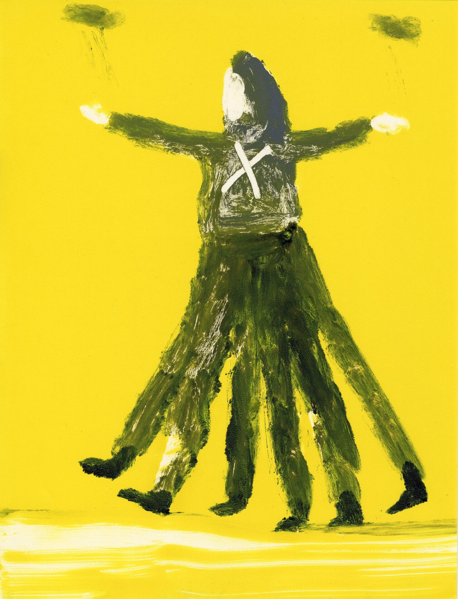 A vibrant, abstract artwork featuring a figure set against a bright yellow background. The figure is painted with dark, textured strokes, primarily in green, with multiple overlapping arms and legs, creating a sense of movement or multiplicity