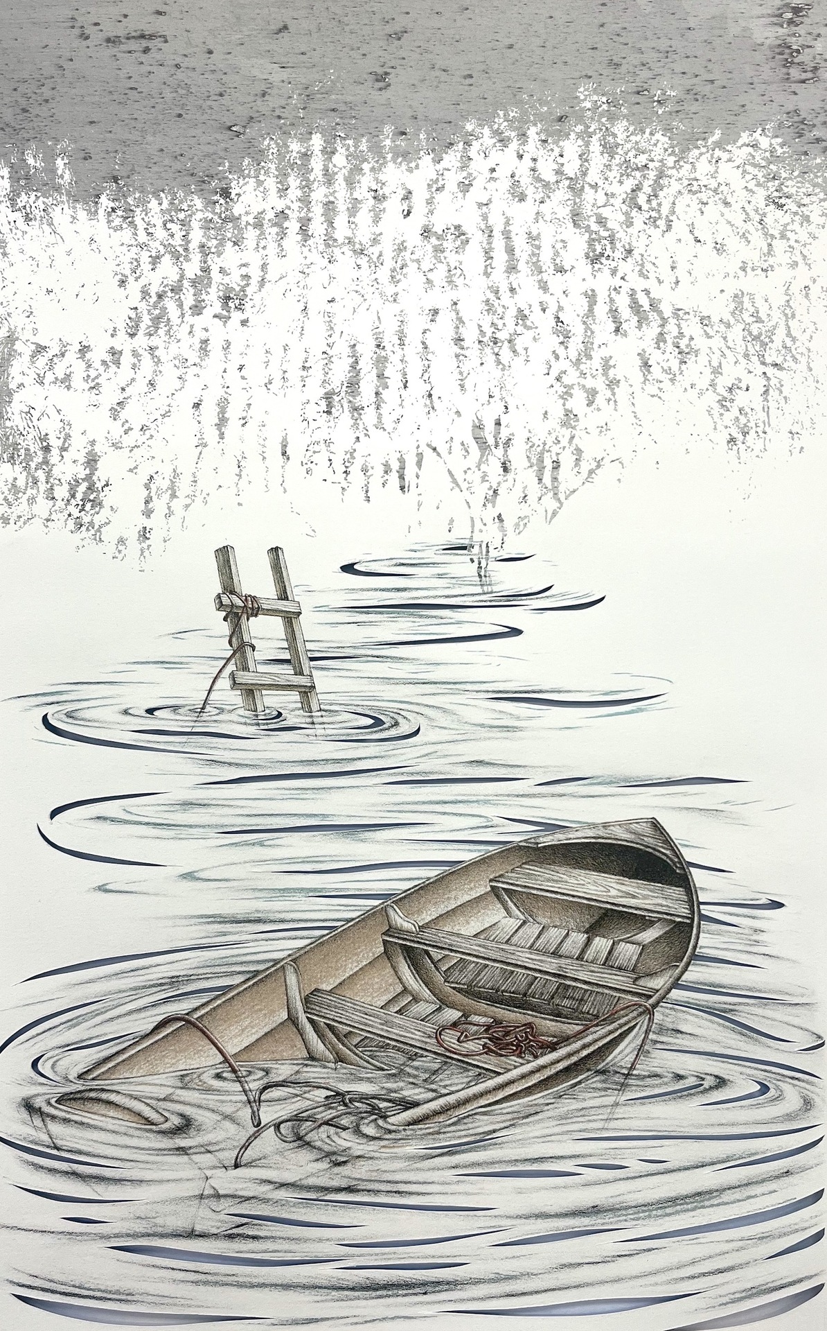 A serene and somewhat melancholic scene of a small wooden rowboat floating on a calm body of water. The boat is detailed with delicate shading and lines, and it appears partially submerged or abandoned, with some ropes loosely draped over its edges. Surrounding the boat, gentle ripples are drawn, suggesting stillness in the water.