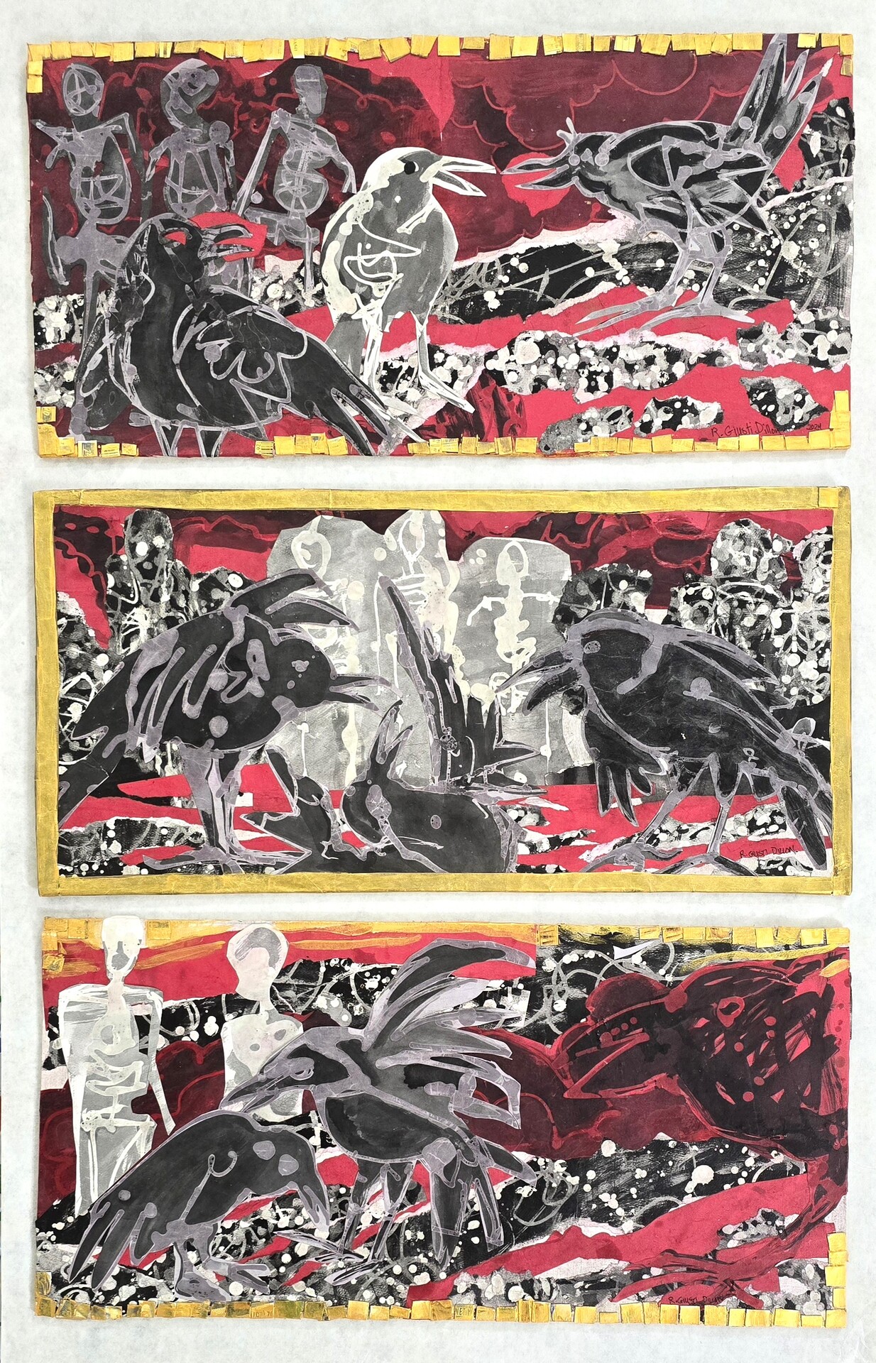 A series of three panels featuring black birds in a red and black abstract landscape, with skeletal human figures in the background, framed with yellow borders.