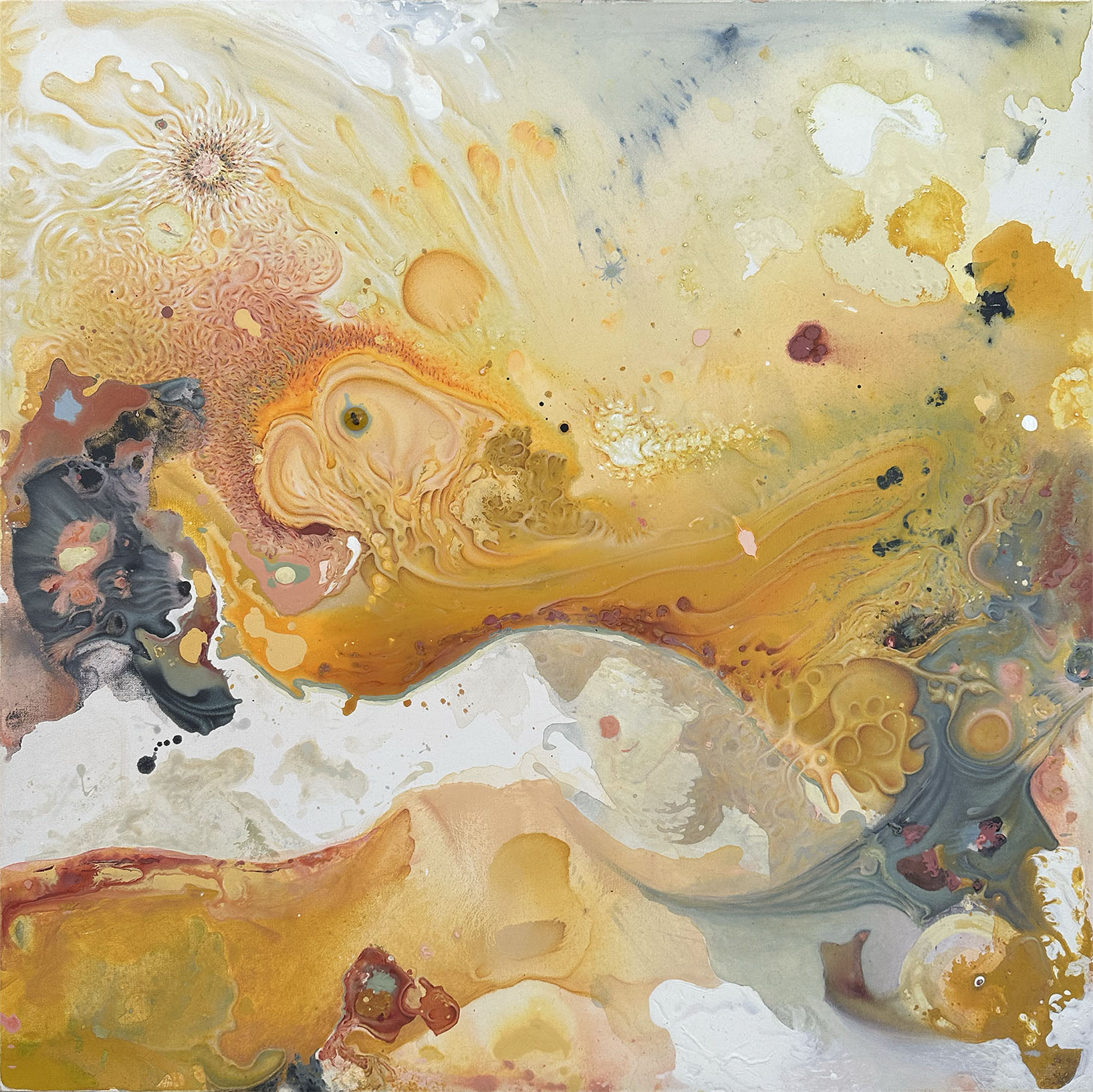  An abstract painting with swirling patterns and textures in shades of yellow, orange, and beige, creating a fluid and organic composition with hints of darker tones scattered throughout.