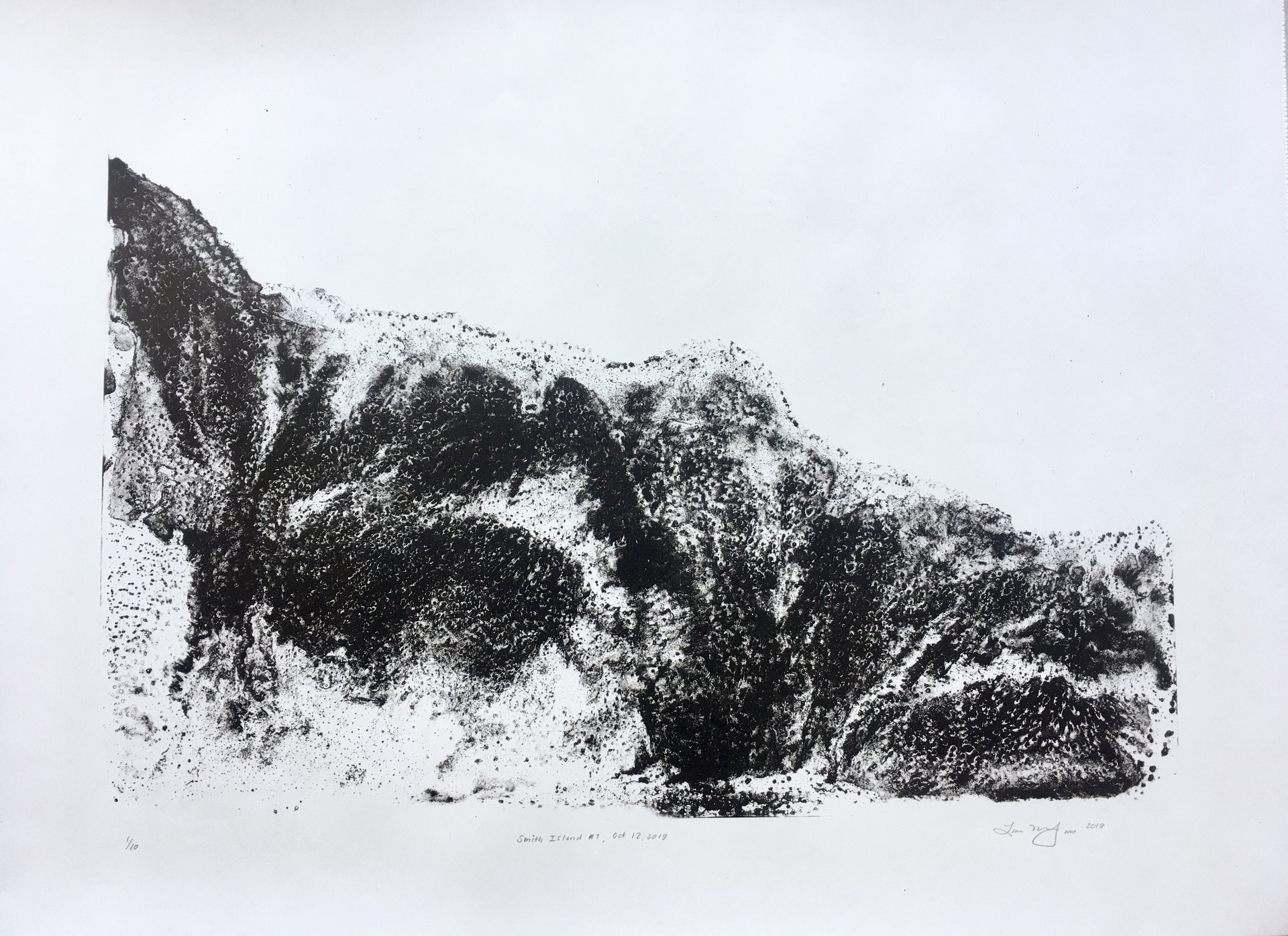 A textured black-and-white print depicting an abstract mountainous form against a wide expanse of negative space.