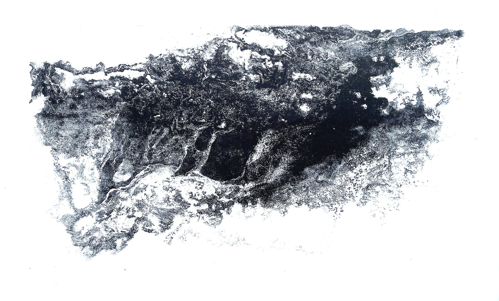  An abstract black-and-white texture resembling rough terrain or flowing water against a stark white background.