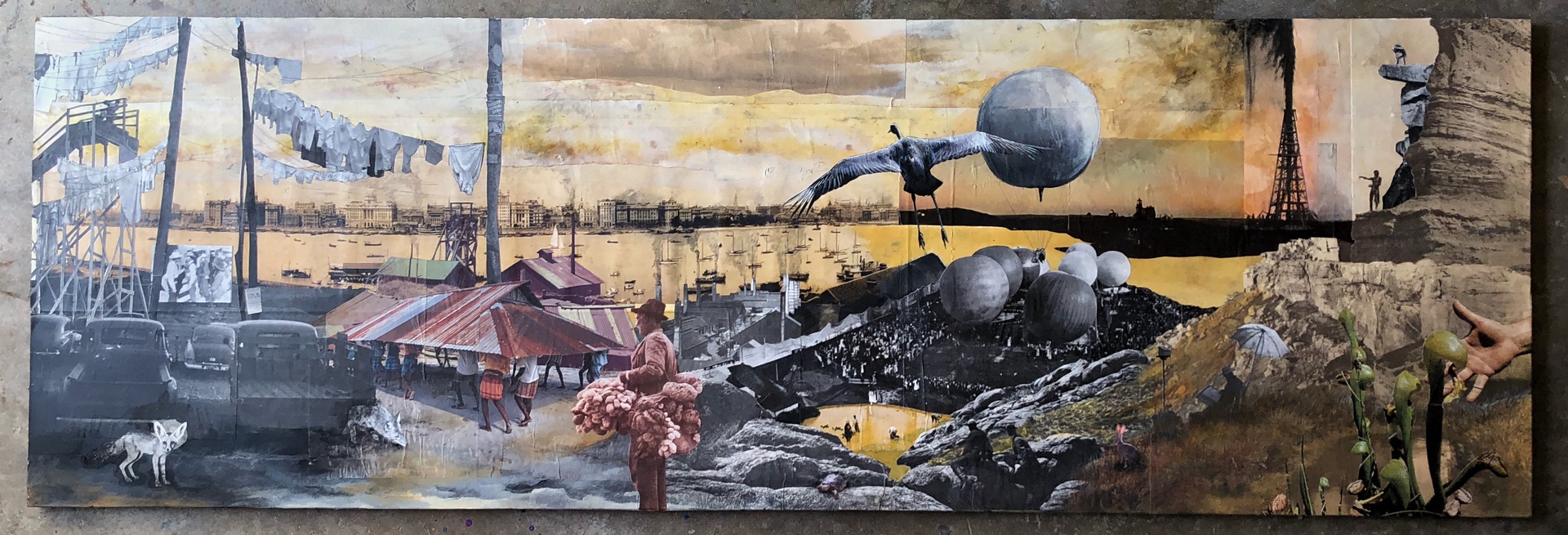 A surreal collage of various scenes including waterfront tents, boats, a crane in flight, large spherical balloons, and cliffside figures, blending urban, industrial, and natural elements in a panoramic landscape.