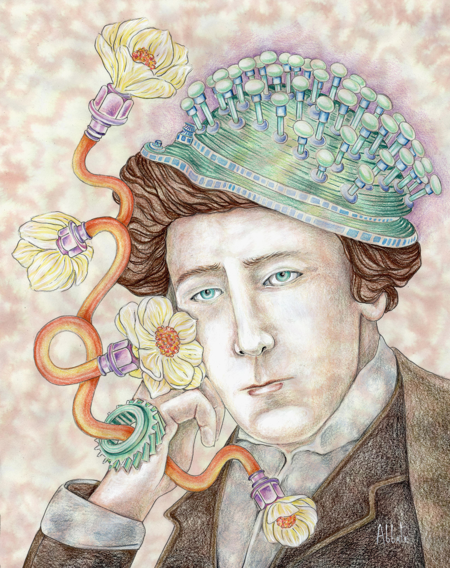 a person with pale skin and soft brown hair is portrayed in a contemplative pose, resting their chin on their hand. They wear an elaborate headpiece that resembles a combination of mechanical and organic elements. The headpiece is dome-shaped, with numerous green and white button-like structures arranged in rows. Orange tubes extend from the headpiece, ending in large yellow flowers, one of which is positioned near the person's hand.