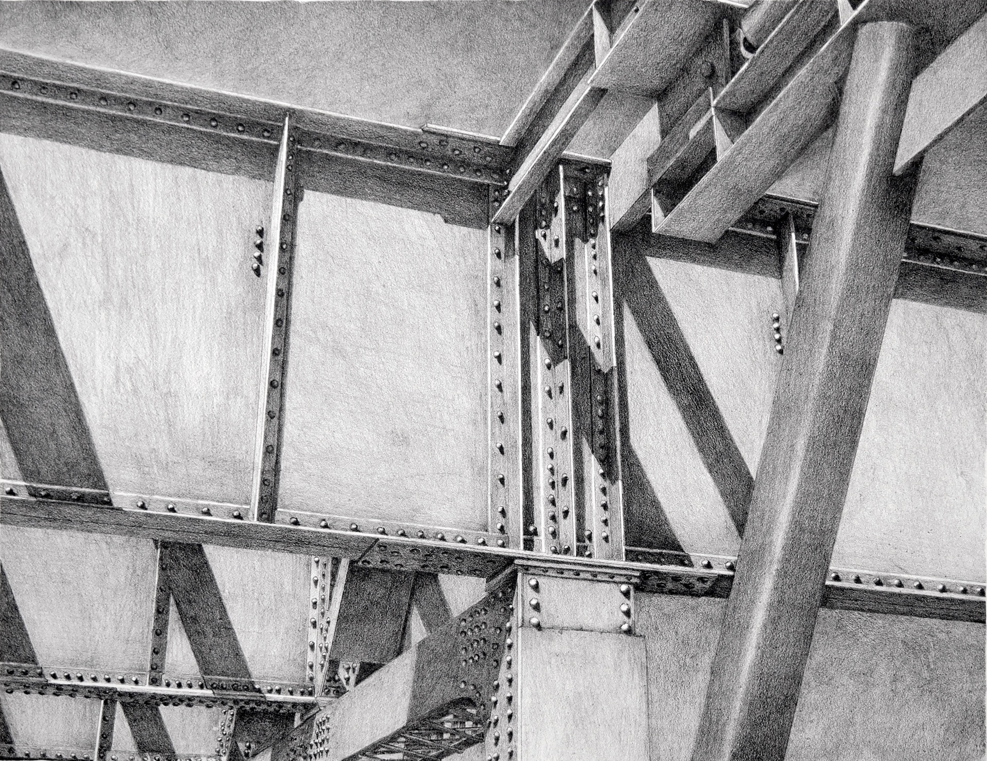 A detailed black-and-white drawing of an industrial structure, specifically focusing on the intricate steel beams and rivets of a bridge or large framework. The composition captures the underside of the structure, emphasizing the heavy metal plates, bolts, and connecting elements.