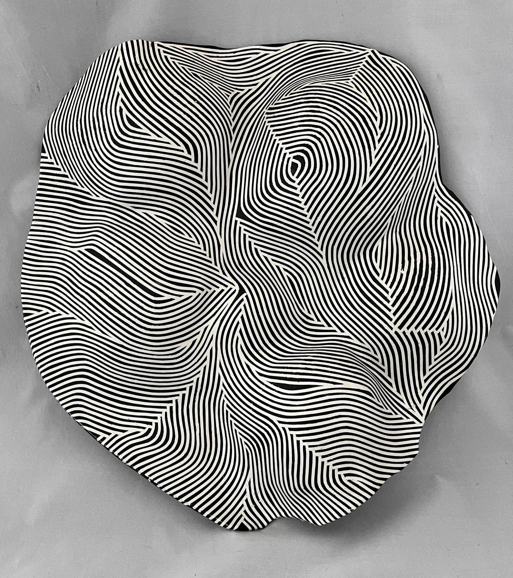 An abstract, wavy, circular form with black and white striped lines creating an optical illusion of depth and movement.