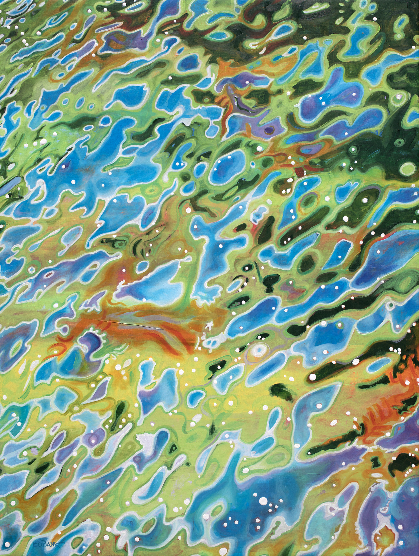 An abstract painting featuring vibrant swirls of blue, green, orange, and white, resembling reflections on the surface of water with scattered white dots throughout.