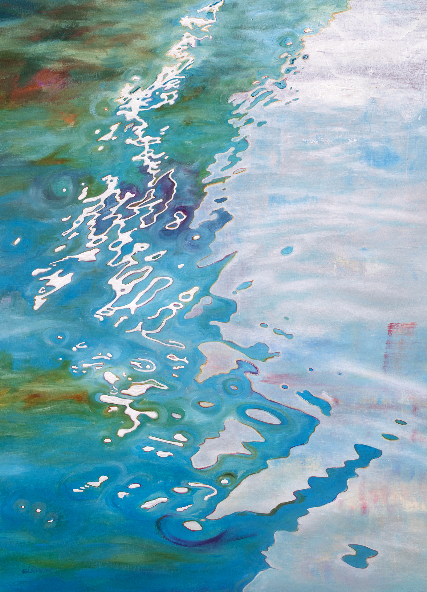  An abstract painting of water, featuring flowing blue and green hues with white reflective patterns, creating a serene and fluid visual effect.