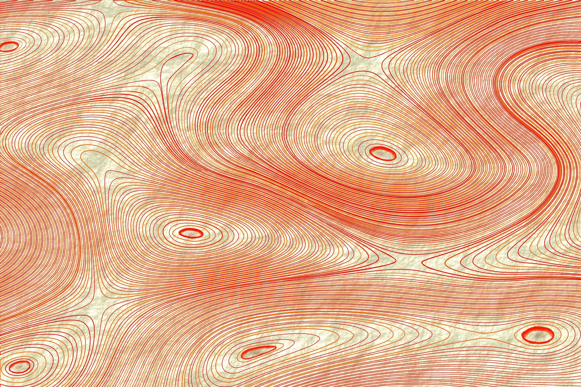  An abstract design featuring red and orange concentric lines forming wavy, organic shapes, creating a sense of movement and depth.