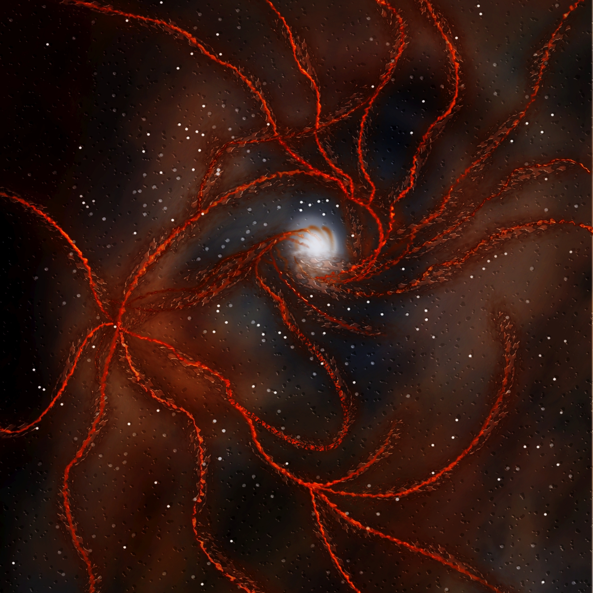 An abstract cosmic scene depicting swirling red tendrils radiating from a glowing white center, set against a dark, starry background.