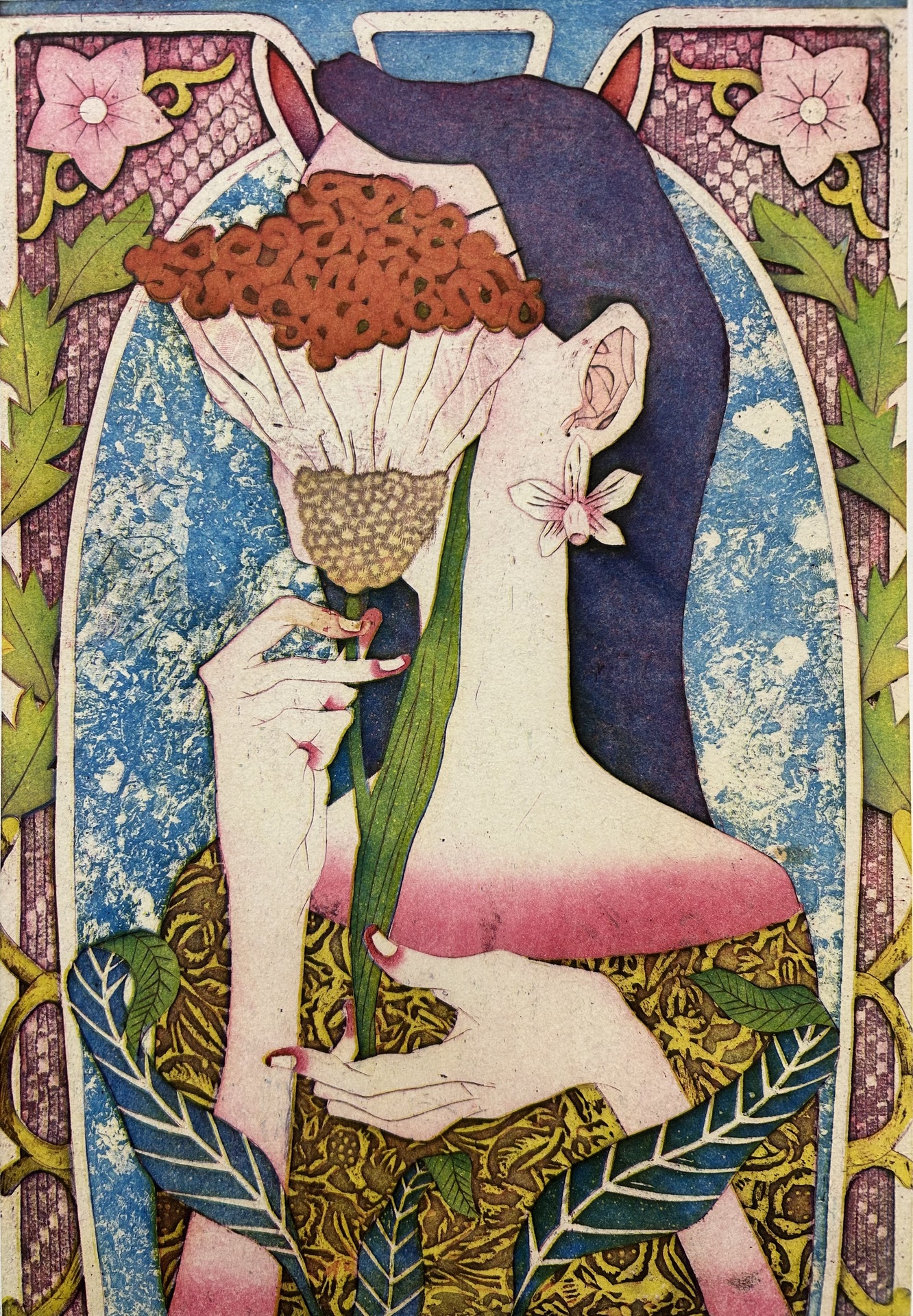  An illustration of a figure holding a large flower in front of their face, with floral patterns and vibrant colors framing the composition. The figure's head is adorned with flowers, and the scene has a decorative, ornate style.