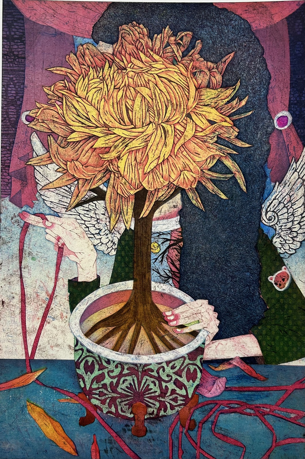 An illustration featuring a large yellow flower growing from a decorative pot, with a figure holding the pot and ribbons entwined around the scene. The figure has wings on their back, and the background is filled with intricate patterns and vibrant colors.