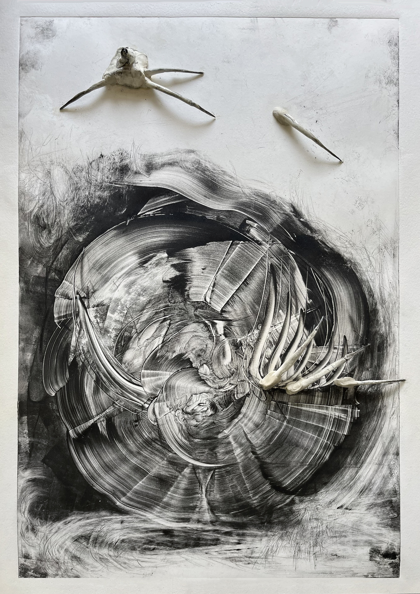 An abstract black and white swirling design with textured brush strokes and three small, bone-like objects attached to the surface, adding a sculptural element to the artwork.